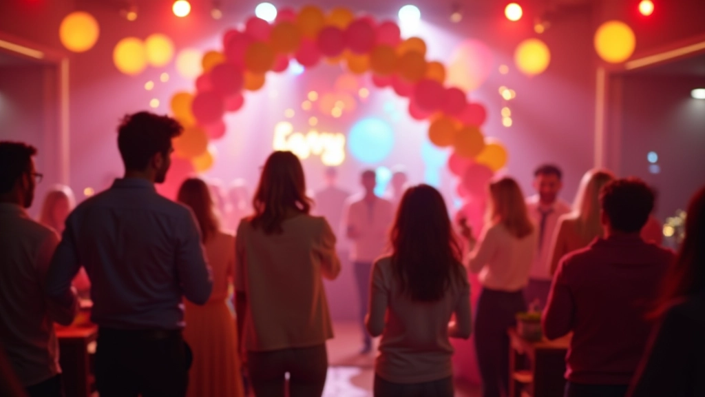 Children and adults at birthday party with themed balloon decorations, helium arch, and coordinated color scheme throughout venue