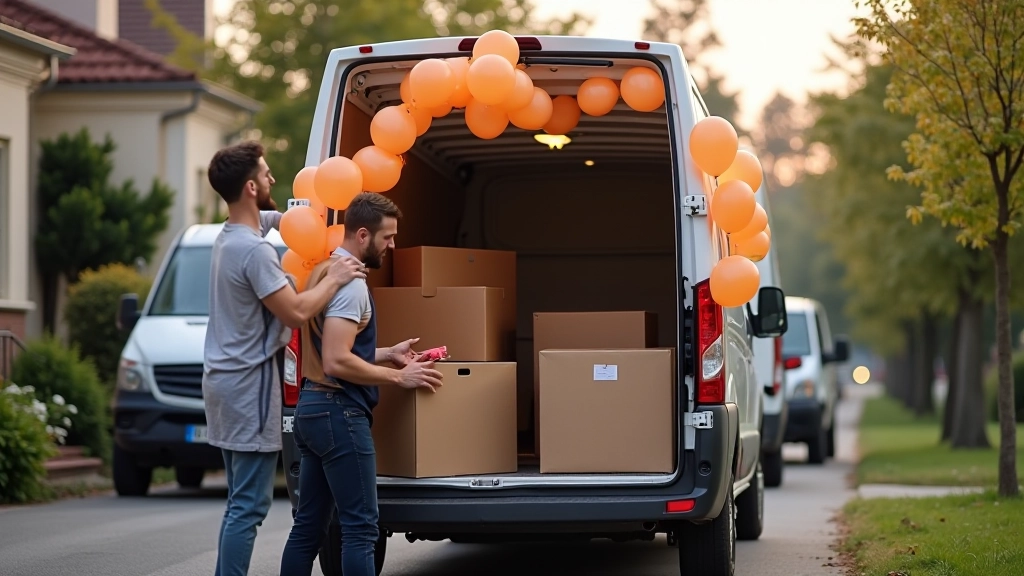 Delivery van parked outside residential building with party decoration boxes and balloon packages being unloaded