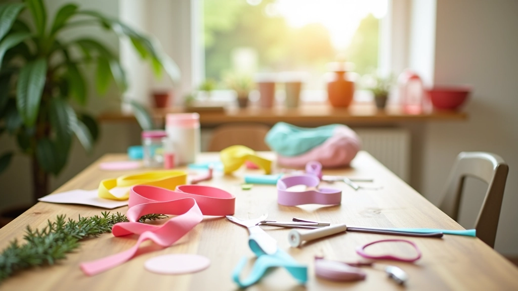 Craft supplies including ribbons, tissue paper, and greenery arranged on a wooden table for DIY decoration projects