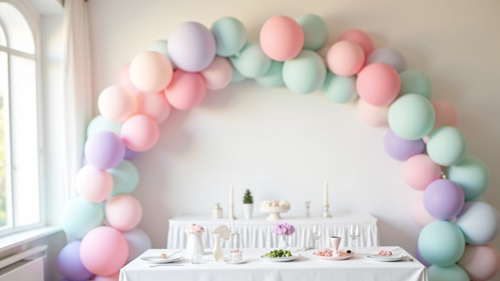 Elegant birthday party venue decorated with pastel pink, lavender, and mint green helium balloon arch, white table settings, and soft lighting
