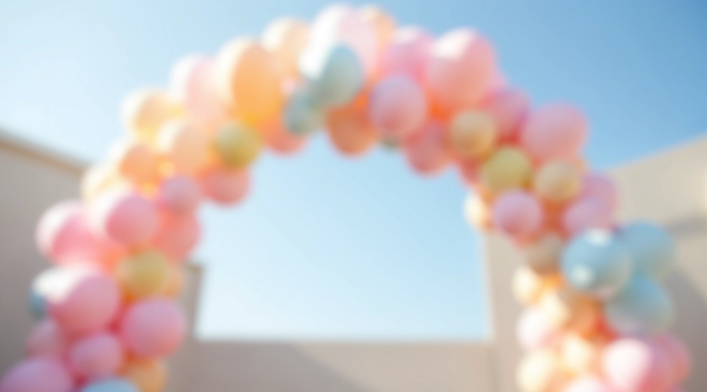 Colorful helium balloons arranged in arch formation at outdoor birthday party venue