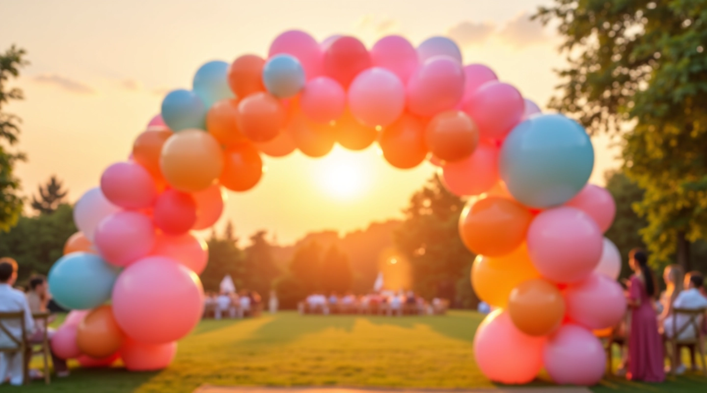 Colorful helium balloon arch setup at birthday party venue with vibrant colors and professional arrangement