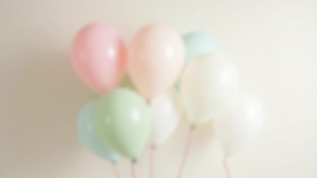 Colorful helium balloons in pastel and jewel tones arranged in a clustered display against a neutral background