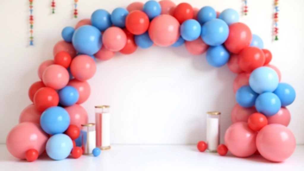 Modern birthday party setup with bold primary color balloon decoration, red and blue helium arch, white walls, geometric props, and contemporary styling
