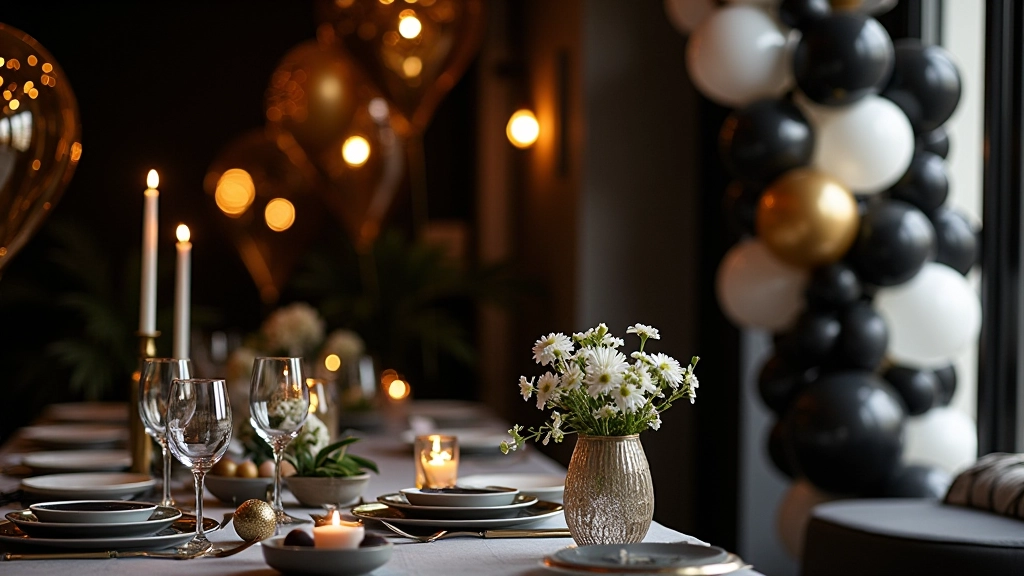 Sophisticated party venue with monochromatic black and white balloon decoration, gold and silver metallic accents, elegant table settings, professional lighting